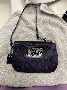 Coach Purple and Black Signature Poppy Ocelot Mini Wristlet with Tag